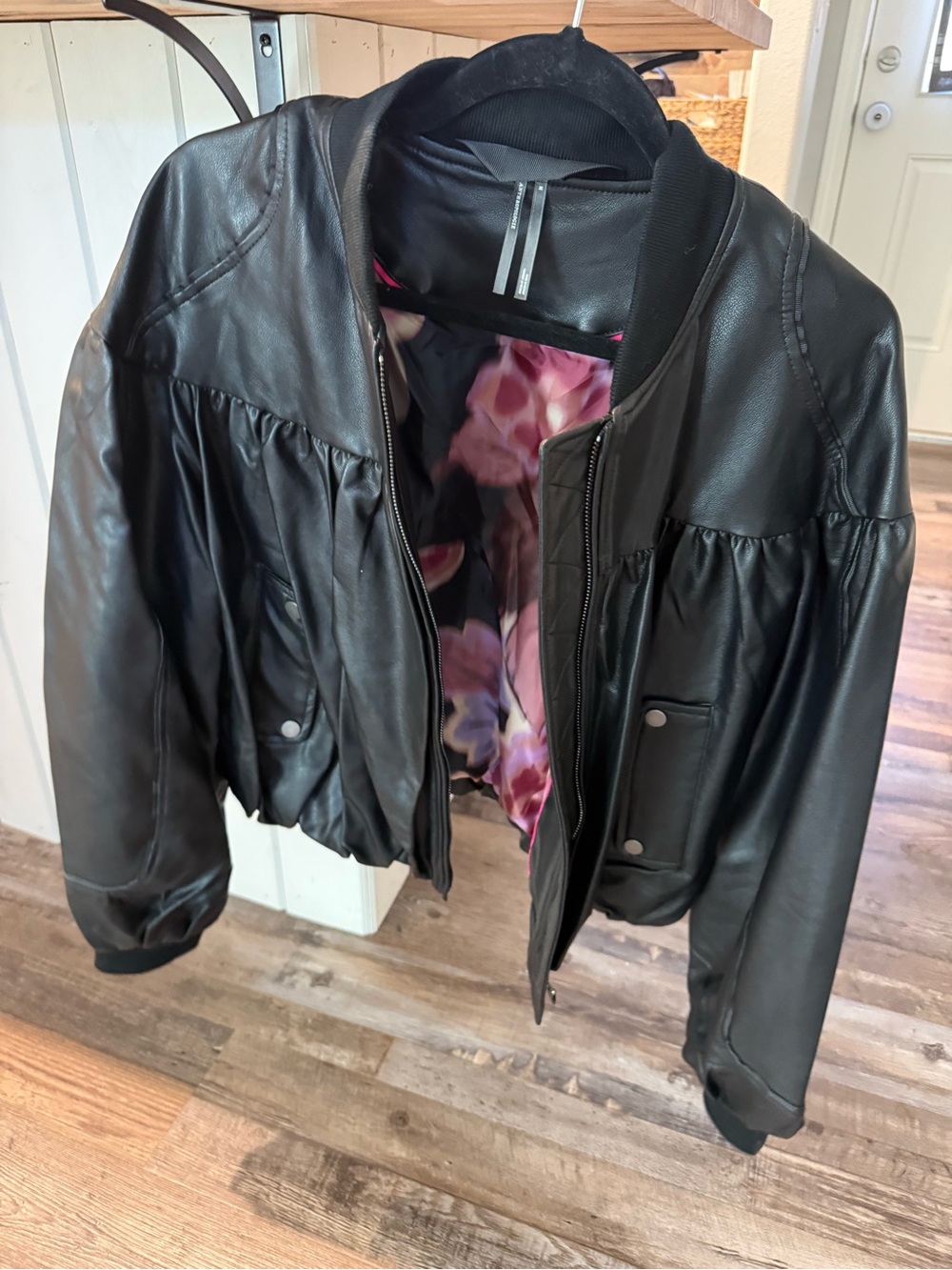 Anthropologie Black Faux Leather Bomber Jacket with Pink Floral Lining